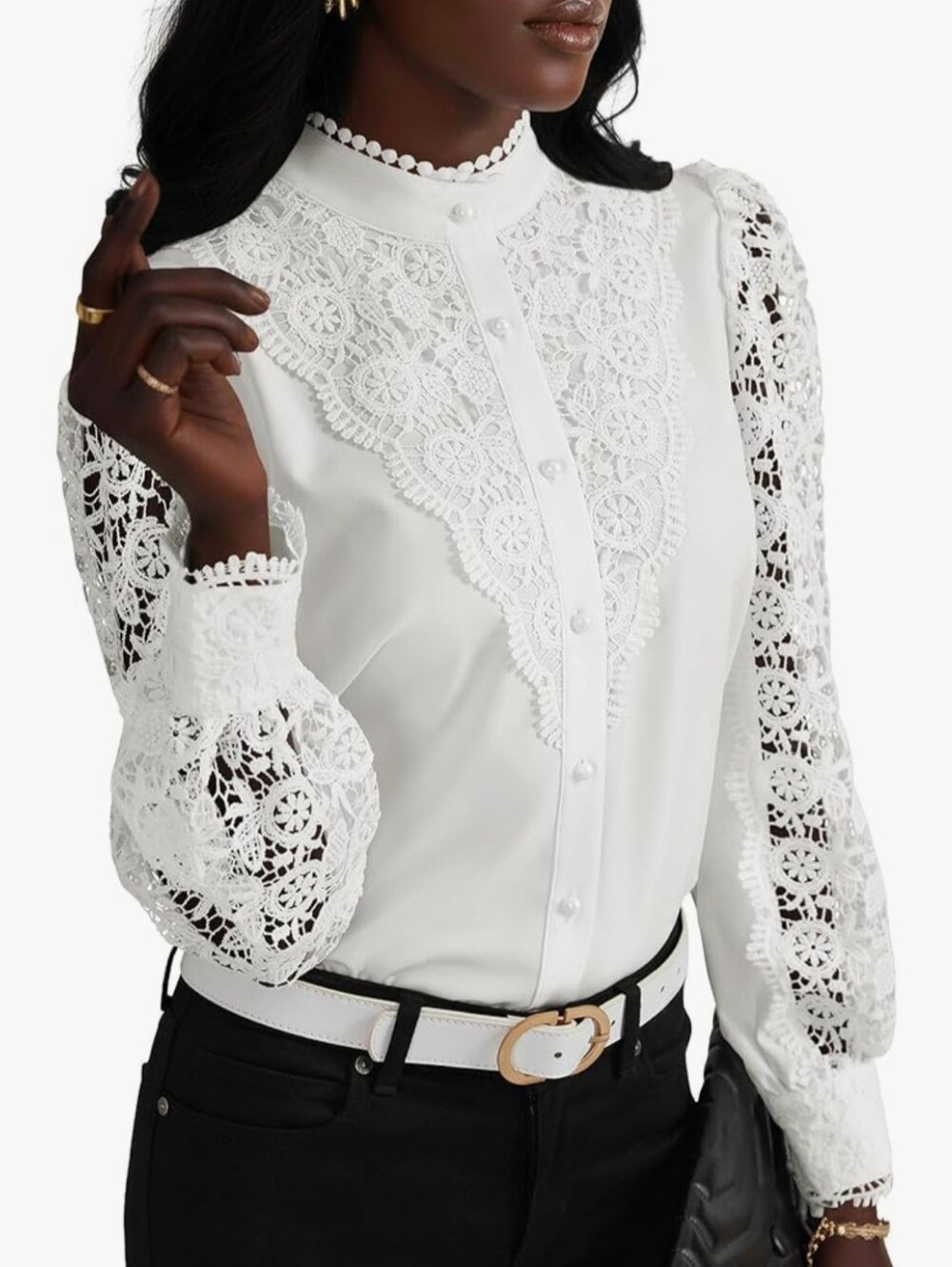 Women’s White Lace Panel Button-Up Top